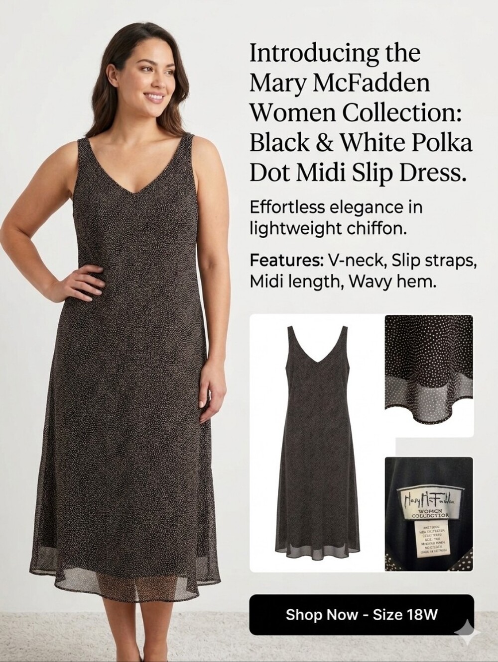 Mary McFadden Black and White Polka Dot Midi Slip Dress 12B0428